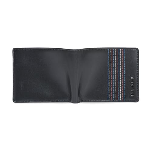 Image of Tommy Hilfiger Men's Leather Wallet Pocos | Solid Black Bi-Fold with Global Coin Pocket, 4 Card Slots | Stylish Purse for Gents
