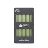 Müller Kerzen Lot de 10 bougies de table, vertes, durée de combustion de 6 heures, 20 × 175 mm, sans fumée, sans parfum, certifiées RAL