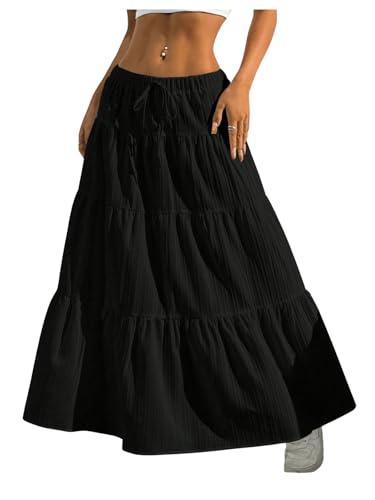 GORGLITTER Women's A Line Flared Flowy Long Skirts Low Elastic Waist Ruffle Maxi Casual Skirt Black Large