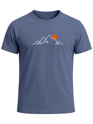 Neverless® Herren T-Shirt Frontprint Line-Art Berge Wandern Natur Outdoor Fashion Streetstyle Denim-Blue M