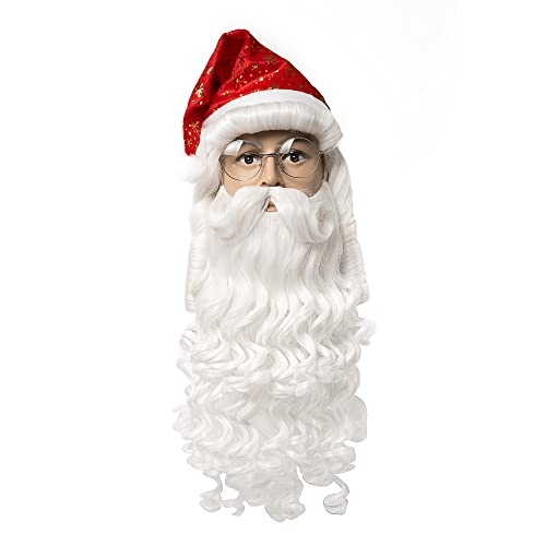 FESTIVAL PARTY Men's Deluxe Santa Claus Beard and Wig set with Glasses Gloves and Hat, Professional Santa Cruz realistic hair, for Costume Halloween Christmas Cosplay and Party