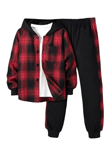WDIRARA Boy's 2 Piece Outfits Plaid Button Front Hoodie and Sweatpants Tracksuit Clothing Set