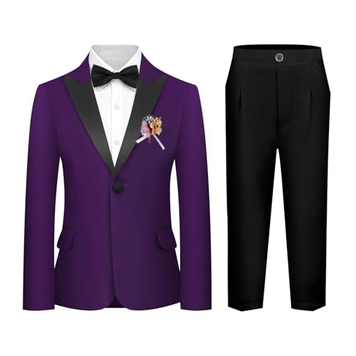 Boys Velvet Suit Slim Fit Set 5 Piece Peak Lapel Round Neck Toddler Formal Tuxedo Kids Outfit for Wedding Prom Ring Bearerer (US, Age, 10 Years, 12 Years, 4, Purple)