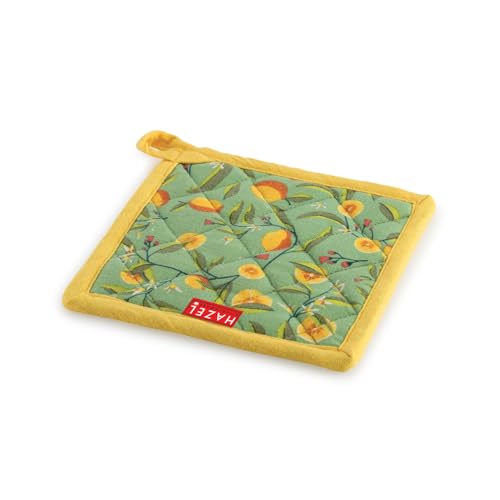 Image of HAZEL Cotton Kitchen Pot Holder | Heat Resistant Quilted Fabric Mat for Hot Pots & Pans | Durable, Washable, and Easy to Hang (Yellow & Green)