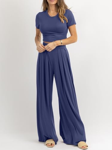 Image of PEIARA Womens 2 Piece Lounge Sets Summer Short Sleeve Crop Top Two Piece Outfit Wide Leg Palazzo Pants Set Matching Tracksuit