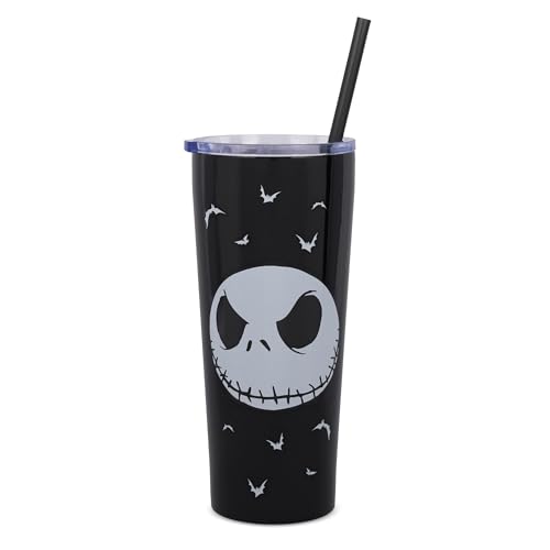 Silver Buffalo Disney Tim Burton's Nightmare Before Christmas Jack Skellington “Seriously Spooky” Double Walled Stainless Steel Tumbler With Straw, 22 Ounces