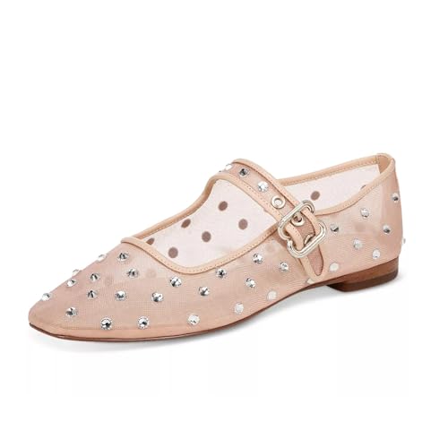 olomisa Rhinestones Ballet Flats for Women, Sparkly Mary Jane Flats Ballerina Square Toe Buckle Strap Shoes