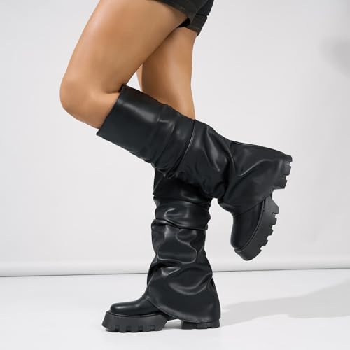 Slouchy Boots for Women, Platform Knee High Fold Over Wide Calf Ruched Shark Boots4