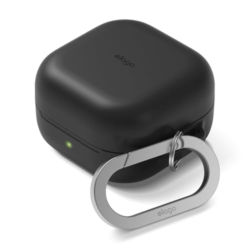 Image of elago Premium Silicone Case with Carabiner, Compatible with Samsung Galaxy Buds 4 Pro Case & Galaxy Buds 4 Case, Full Protection, Wireless Charging, Headphone Accessories, for Men, Women (Black)