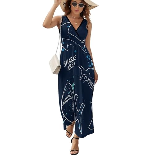 Robe longue d'été sans manches femme motif requin col V coupe maxi décontractée pour la plage
