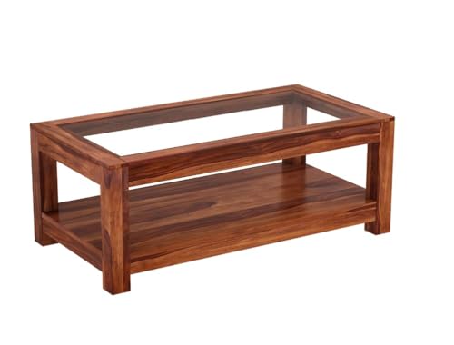 Image of Sheesham Wood Coffee Table with Glass Top Multipurpose Tea Table Wooden Centre Table for Living Room Home and Office (Wooden)