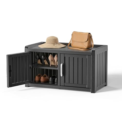 EFU Shoe Bench with Storage Shoe Cabinet Indoor Outdoor with Adjustable Shelves Waterproof Shoe Organizer with Double Doors for Entryway Bedroom Living Room (Black)