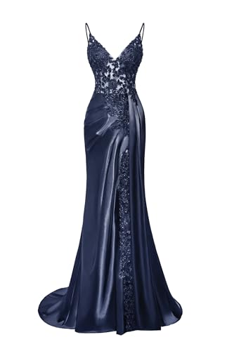 Zeeyecie V-Neck Satin Prom Dresses Lace Applique Spaghetti Straps Mermaid Beaded Evening Formal Ball Gowns with Slit
