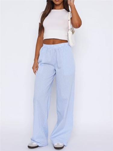 Women Y2k Striped Print Pants Casual Loose Fit High Waist Drawstring Wide Leg Pop Pants Vintage Streetwear Lounge Pants B Blue3
