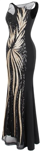 ANGEL FASHIONS Women's Sheer Gold Sequined Black Splicing Evening Dress3