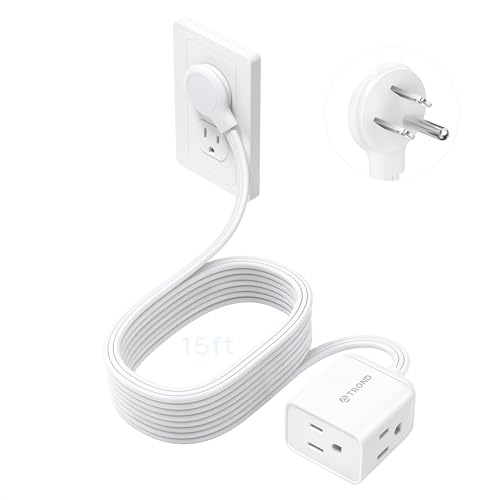 Image of TROND Flat Extension Cord 15ft - Right Angled Flat Plug Power Strip, ETL Listed, 3 Plug Extension Outlets, Three Prong, SPT 16 /3 Gauge Cable, 13 Amps, Compact for Indoor Home Office Kitchen, White