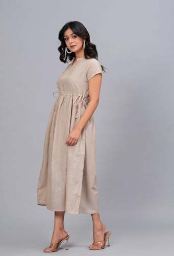 Image of Women's Cotton Striped Mandarin Collar Short Sleeves Dailywear Fit and Flared Midi Dress