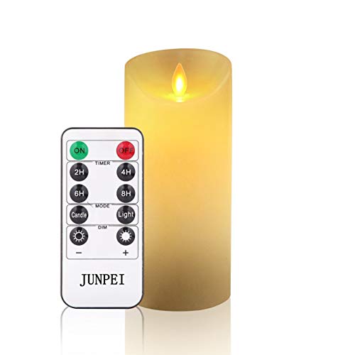 JUNPEI Flameless Candles Flickering LED Candles Set of 1: Classic Real Wax Pillar with Moving LED Flame & 10-Key Remote Control 2/4/6/8 Hours Timer Holiday Gift(Ivory)