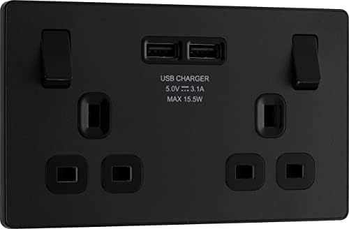 BG Electrical Evolve Double Switched Power Socket with 2 USB Charging Ports (3.1A), 13A, Matt Black