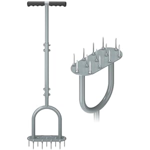 Lawn Aerator Spike Manual Yard Aerator with 13 Iron Spikes, Lawn Grass Aeration Tool, Garden Tool for Aerating Lawn Soil, Improves Lawn Health, Gray, JS-001