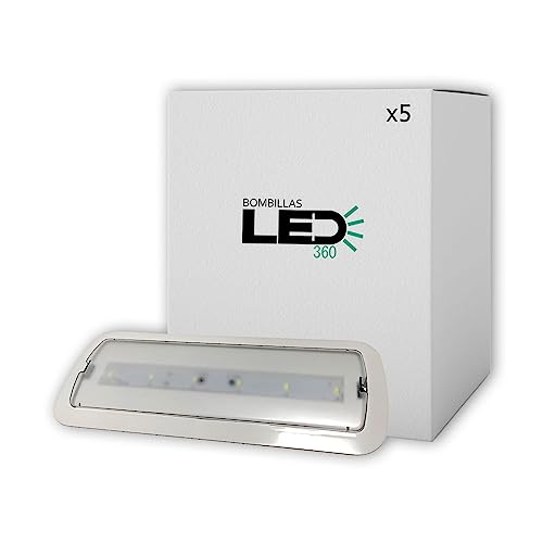 bombillasled360 Pack 5 unidades de Luces de Emergencia Led de 3W permanente/no permanente. Luz Fría 6000. Led SMD 5730 de alto rendimiento. Instalación en superficie y empotrable. Resistente al fuego