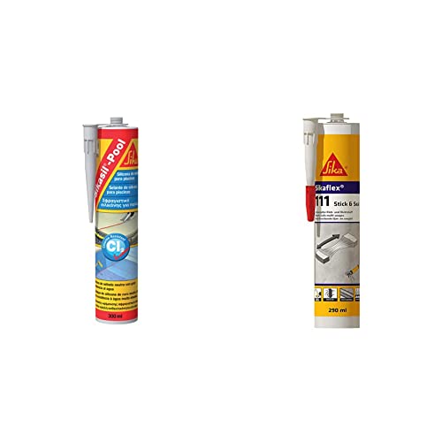 Sikasil Pool, Transparente, Sellador de silicona neutra para juntas en piscinas + Stick & Seal, Gris, Adhesivo y sellador flexible, masilla multiuso,juntas interiores y exteriores, 290ml