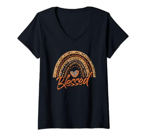 Mujer Blessed Leopard Rainbow, divertido día de Pascua cristiano Camiseta Cuello V