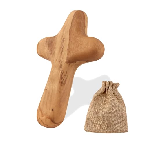 Gments 10 CM Handmade Wooden Cross Handcrafted Olive Wood Crucifix with Woven Linen Sack Handheld Mini Holding Cross in Pocket Pouch for Religious Christian Prayer Keepsake Men & Women