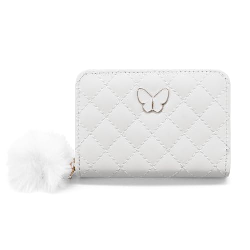 Womens Wallets, PU Leather Small Wallet Credit Card Holder for Women and Girls, Cute Wallet Purse Ladies Wallets with Fur Ball Zipper for Shopping, Dating, Travel (white) - Main Image