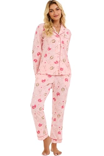 Image of LUBOT 100% Cotton Pajamas for Women Pajama Set 2 Piece PJ Sleepwear Set Soft Ladies Button Knit Long Sleeve Loungewear XS-XXL