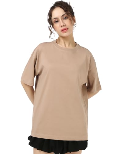 Image of Bewakoof Women's Solid Oversized Fit Half Sleeve Round Neck Cotton Jersey T-Shirt