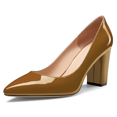 Image of Aachcol Women Pumps Pointed Toe Slip on Mid Heel Dress Office Chunky Block Heels Shoes 3 Inches