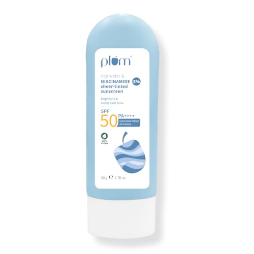 Image of Plum Rice Water & 3% Niacinamide Sheer-Tinted Sunscreen SPF 50 PA++++ | Suitable for Most Indian Skin Tones | Sheer Coverage | Non-Oily | Women | Fragrance-free | 100% Vegan | 50gm