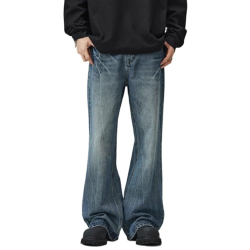 Mens Hip Hop Straight Leg Jeans Vintage Washed Loose Fit Skater Flared Denim Pants