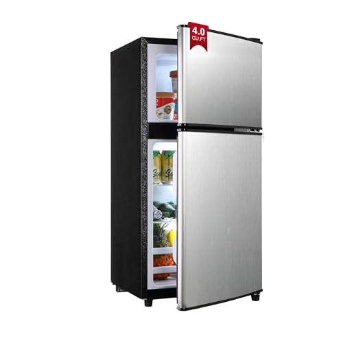 Image of Mini Fridge with Freezer, 4.0 Cu. Ft. Double-Door Mini Refrigerator with 7-Level Adjustable Thermostat & Adjustable Glass Shelves, Compact Dorm Fridge 37 dB Low Noise for Bedroom, Apartment, Silver