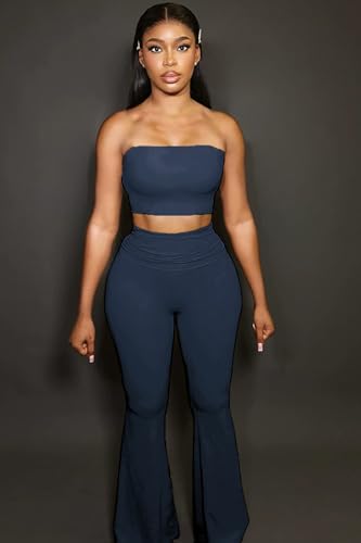 Image of Sexy Women's 2 Piece Lounge Sets Pajama Outfits Casual yoga Crop tube Top High Waist Wide Leg Foldover Flare Pants