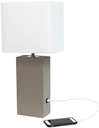 Elegant Designs LT1053-GRY Modern Leather Table Lamp with USB and White Fabric Shade, Grey (Pack of 1)