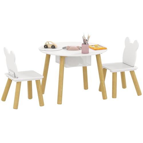 AIYAPLAY - Mesa infantil con silla, juego de mesa y 2 sillas para niños, respaldo en forma de oso para jugar, estudiar, bricolaje, 3-6 años, color blanco