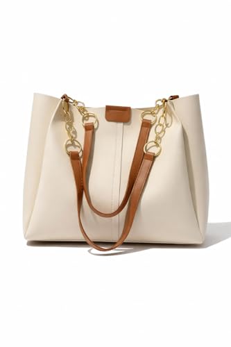 Image of GALAXY FASHION POINT Luxury Women's Handbag Tote - Premium PU Leather Shoulder Bag with Chain Strap, Spacious Stylish Office & Casual Use Purse (Beige & Brown)