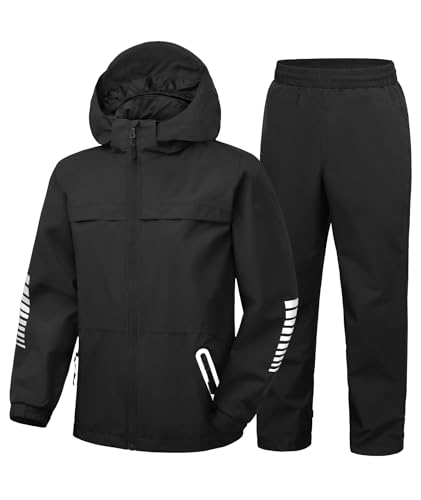 SWISSWELL Kids Rain Suit Boys Girls Waterproof Rain Gear Jacket and Pants Raincoat for Golf Fishing Black 9-11 Years