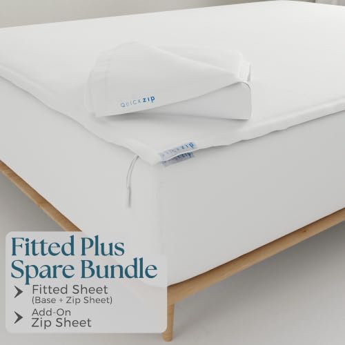 Image of QuickZip Fitted Plus Spare Bundle: 1 Fitted Sheet (Base + Zip Sheet) & 1 Zip Sheet - Easy to Change, Won't Pop Off - Soft Sateen 400 TC 100% Cotton - 17.5 inch Deep Pockets King Size Sheets - White