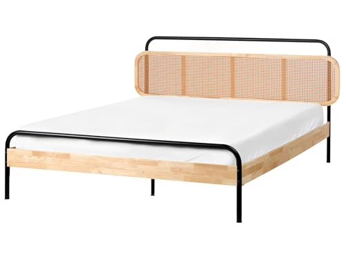 Beliani Holzbett Hellbraun/schwarz 160x200 cm mit Wiener Geflecht...