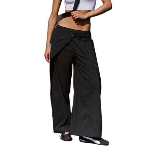 Mxiqqpltky Women Y2K Wrap Front Pants Casual Button Elastic High Waisted Wide Leg Pants Trendy Loose Fit Trousers Streetwear