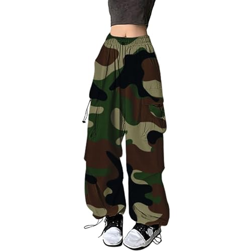 Pantalones impermeables para mujer con estampado de camuflaje, ropa de calle, hip hop, pantalones de chándal con cordón, pantalones casuales, holgados con pierna ancha, ropa de trabajo para el cuidado