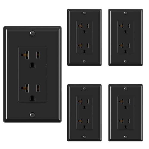 ELEGRP Glossy Black Decorator Electrical Wall Outlet Receptacle, 20A 125V Standard Outlets, 2 Pole 3 Wire, Non-Tamper Resistant, NEMA 5-20R, Self-Grounding, Wall Plate Included, UL Listed, 5 Pack