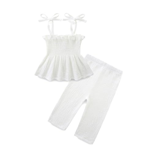 Toddler Girl Summer Clothes Solid Color Sweet Camisole Ruffle 2-Piece Infant Cotton Linen Pants Set