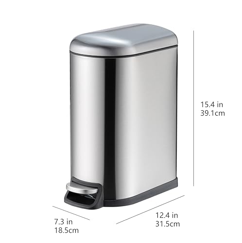 Amazon Basics D-Shaped Small Trash Can with Lid and Soft-Close Foot Pedal for Bathroom, Bedroom, Living Room, Office, Smudge Resistant, 10 l / 2.6 gallon, Silver
