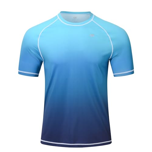 YuKaiChen Rashguard Herren Schwimmshirt Schnelltrocknend Atmungsaktiv Bade-T-Shirt mit kurzen Ärmeln Rashguards Wassersport für Männer Farbverlauf Blau XL