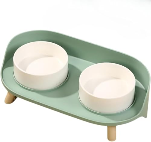 Vilom ペット用食器スタンド 猫 犬用 セラミックボウル 2個セット 浅広口タイプ 陶器碗 木製台 斜め設計で食べやすい フードボウル 水ボウル 食器台 ペット用品 食事補助 (グリーン)
