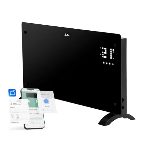 JATA JCRW2520 - Radiador Eléctrico WIFI Bajo Consumo Cristal 2000 W. 5-50ºC. 2 Potencias. Temporizador 24h. Instalación pared o suelo. 77x77x38,5cm. Conectividad WIFI y APP